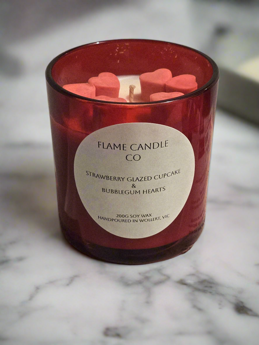 Strawberry Glazed Cupcake & Bubblegum Hearts | 200G Soy Candle (Ruby Red)